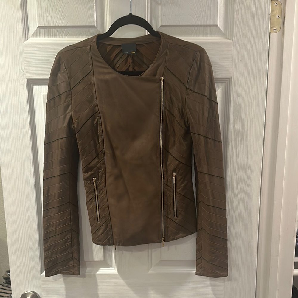 Fendi Brown Leather Moto Jacket Asymmetrical Design